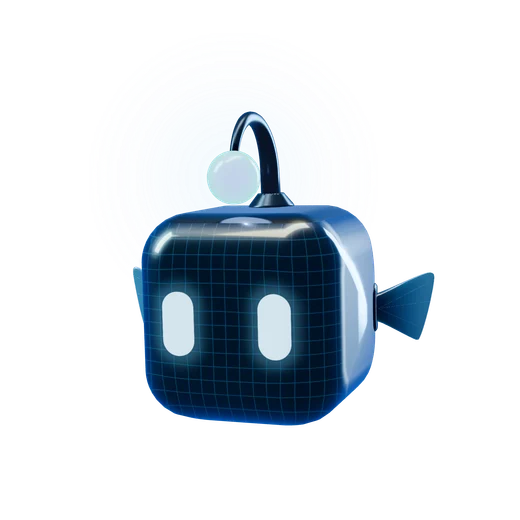 The BruteMarket mascot, a small glass cube fish with a sonar antenna